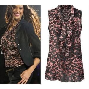 CAbi #3075 9-To-5 Blouse Tie-Neck Animal Print Sleeveless Top Camo Shirt Size S